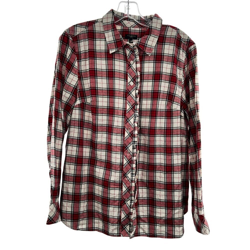 Talbots Women's Plaid Button Up Top Long Sleeve Red/Multi Size LP Ruffle